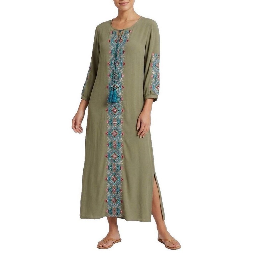 Soft Surroundings Embroidered 100% Rayon Tassel Maxi Dress Green Boho size L